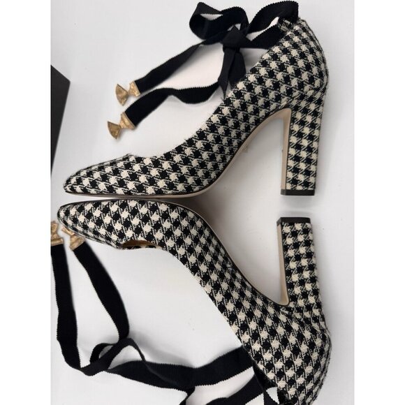 J. Crew Houndstooth Pumps Size 9 Made In Italy Ankle Wrap Bow Ribbon Heels Shoes - Picture 13 of 16